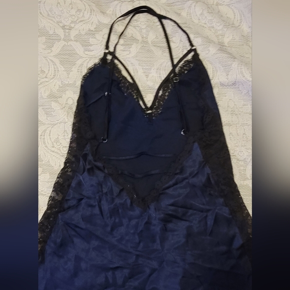 Satin Lace Slip-Navy w/Blck Lace! Halter w/straps-Side lace is see through! - Picture 3 of 5